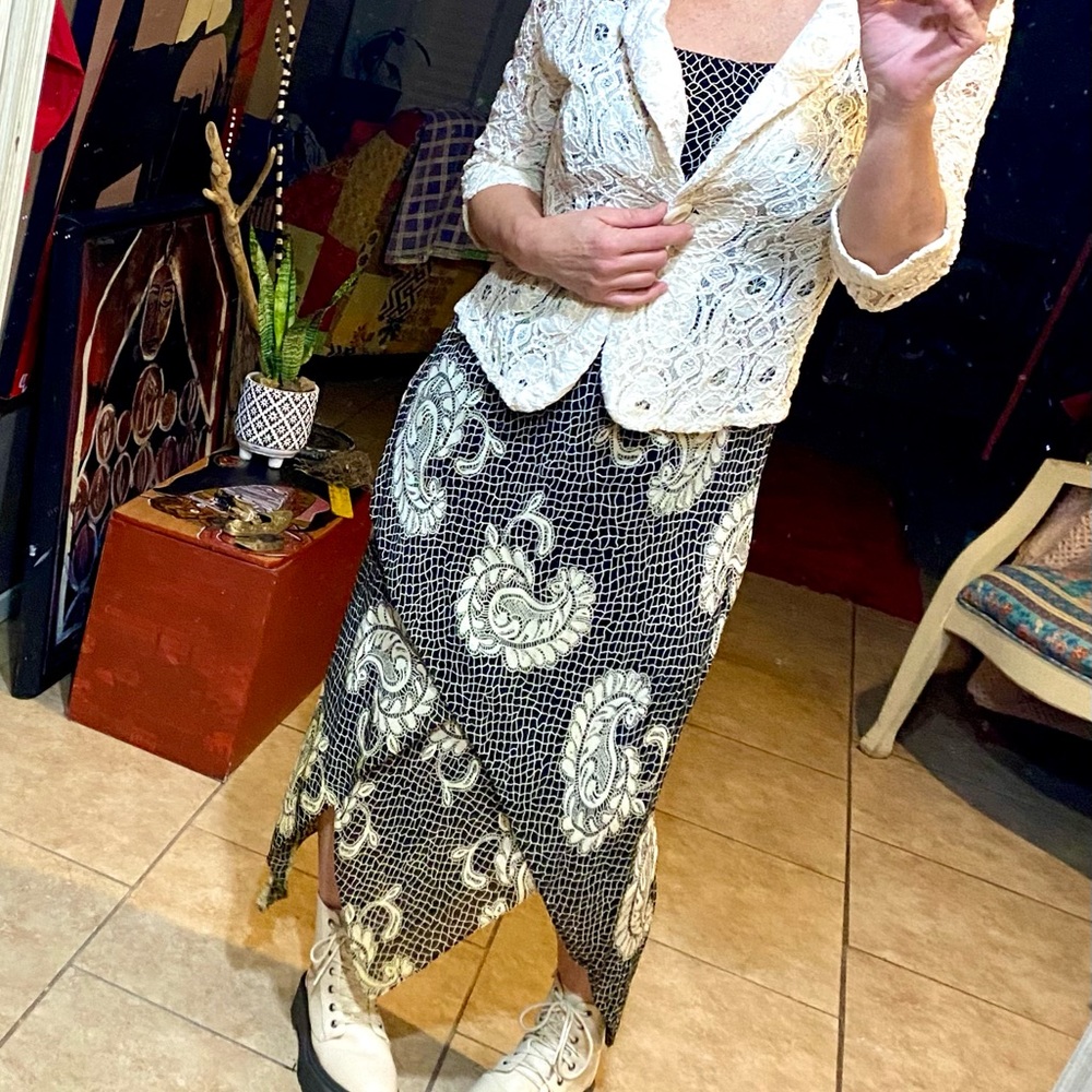 EUC Vintage 90s Black & Cream Made in India Paisley Slip Maxi Dress Size XS/S